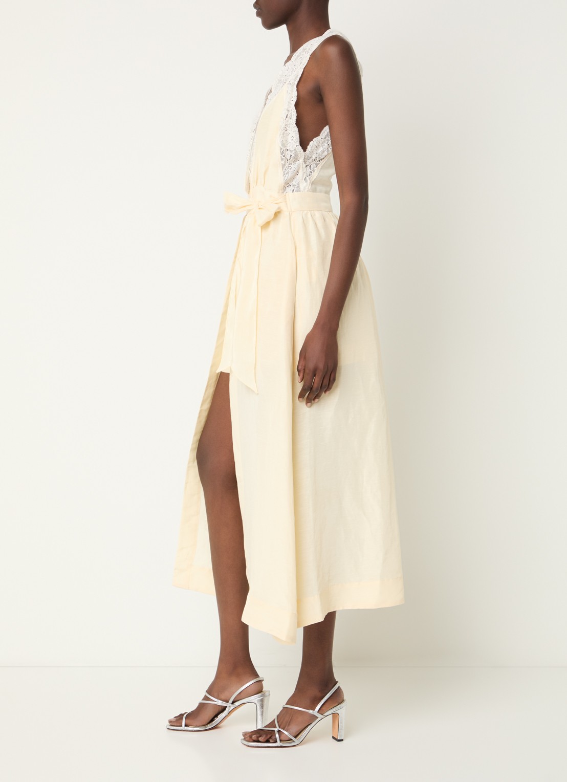 Sandro Midi jurk met ceintuur en broderie - voorkant 4 lichtgeel