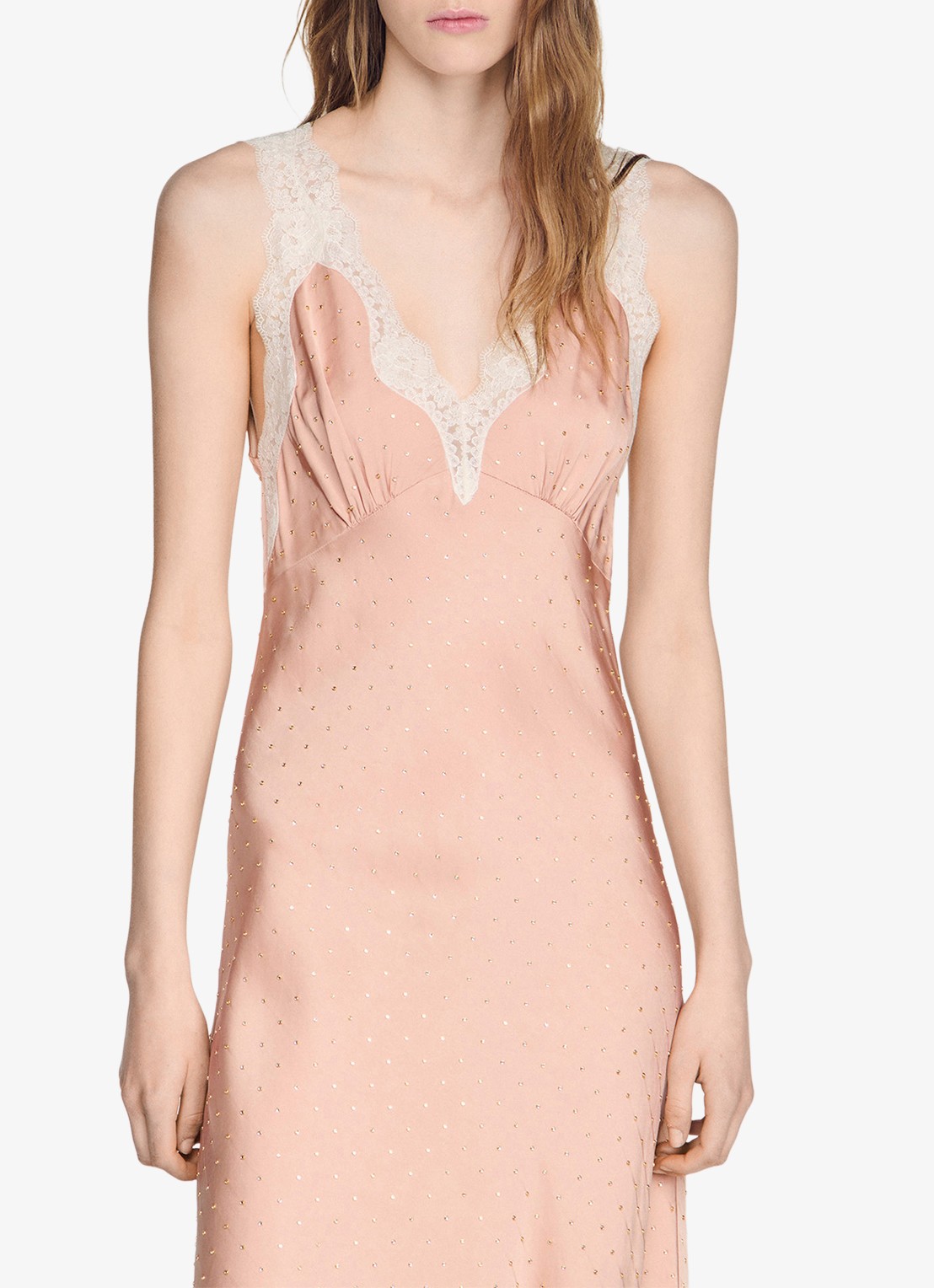 Sandro Midi jurk met pailletten en details van kant - detail oudroze