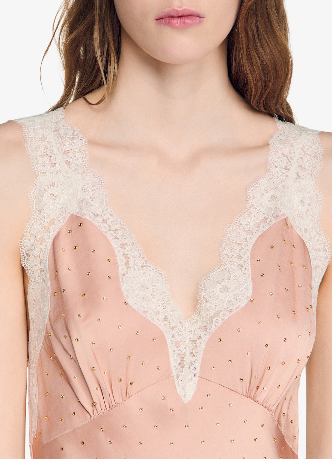 Sandro Midi jurk met pailletten en details van kant - detail 2 oudroze