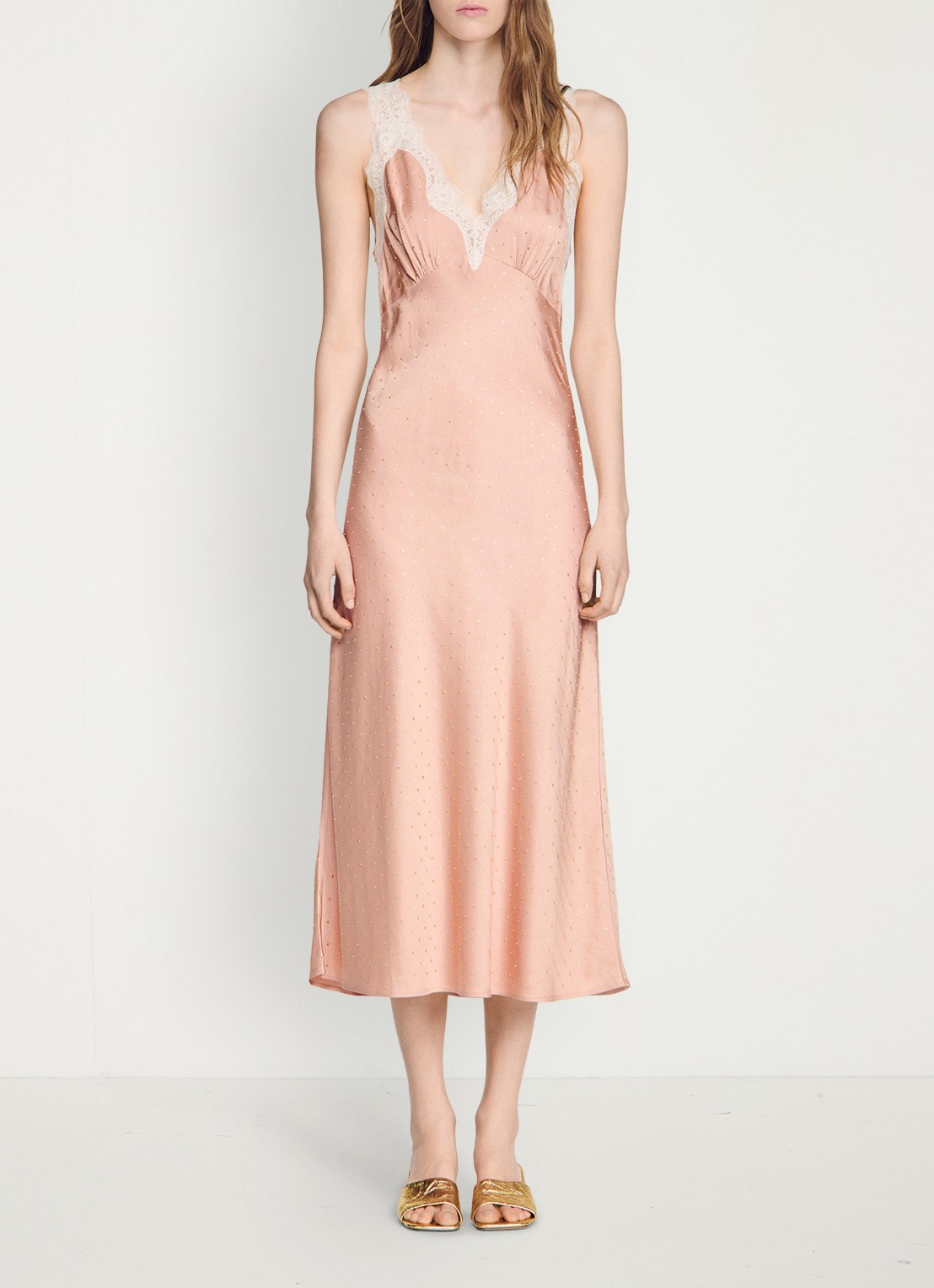 Sandro Midi jurk met pailletten en details van kant - detail 3 oudroze