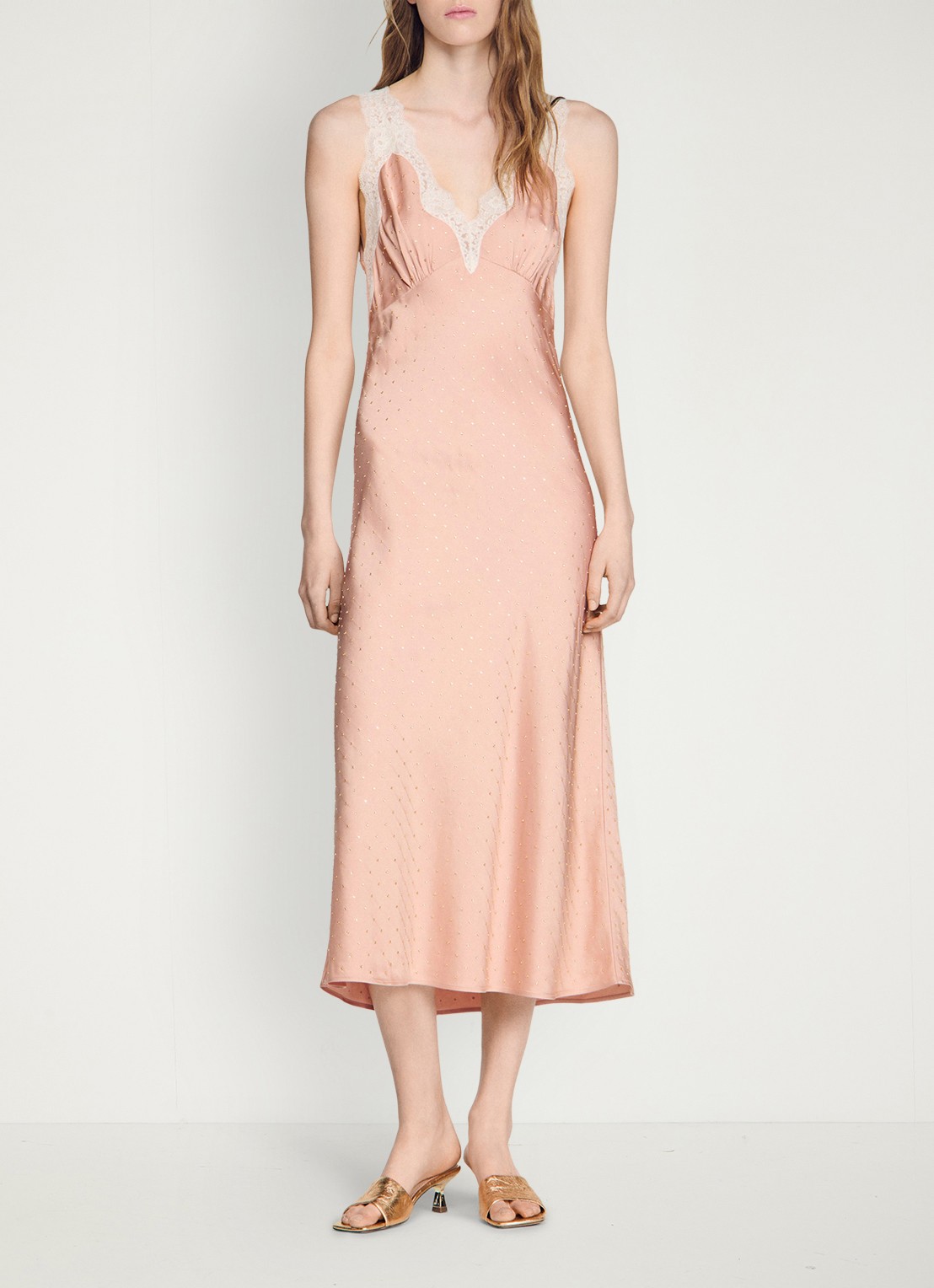 Sandro Midi jurk met pailletten en details van kant - voorkant 5 oudroze