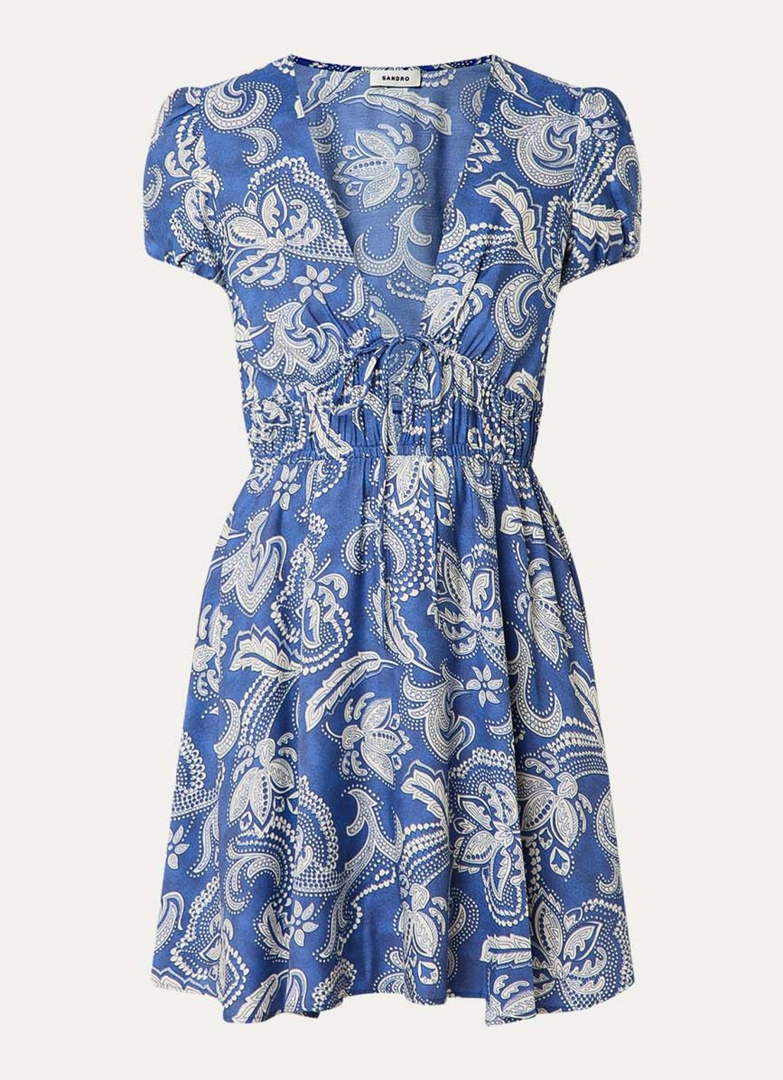 Sandro Midi jurk met print en ceintuur - voorkant blauw