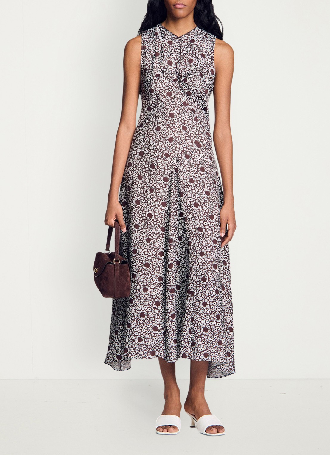 Sandro Midi jurk met ronde hals en bloemenprint - voorkant 6 bruin