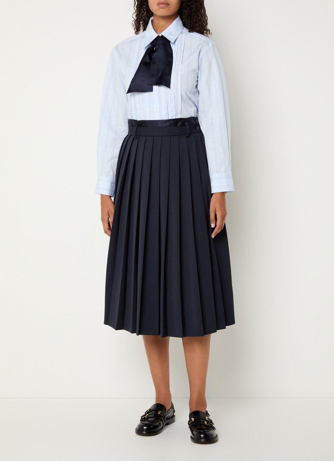 Sandro Midi plooirok in wolblend met streepprint - voorkant 3 donkerblauw