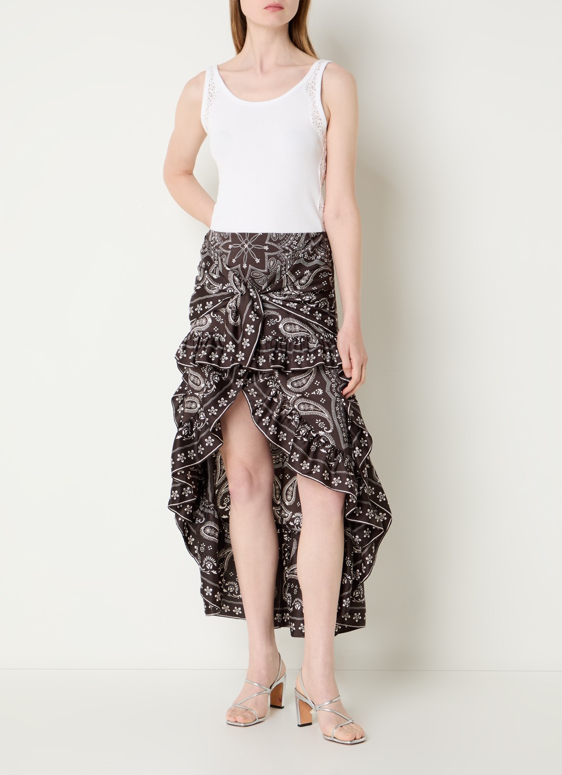 Sandro Midi rok met paisley dessin en asymmetrische zoom - voorkant 2 bruin