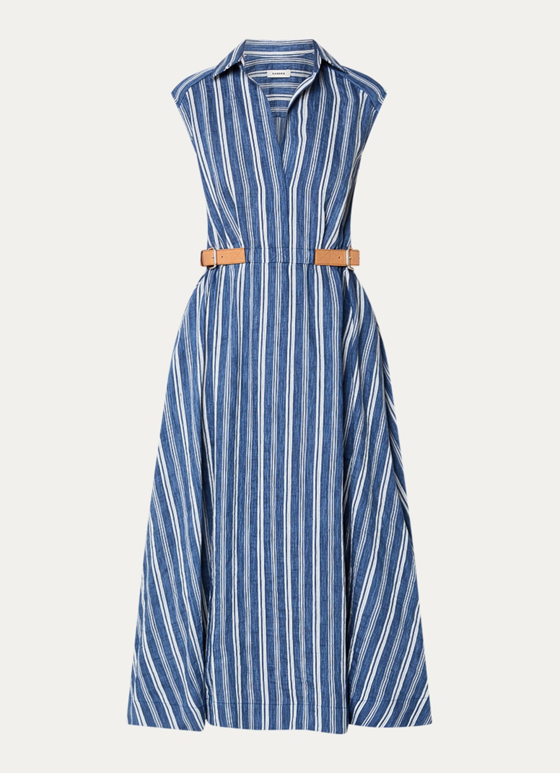Sandro Midi tuniekjurk in linnenblend met streepprint en ceintuur - voorkant indigo