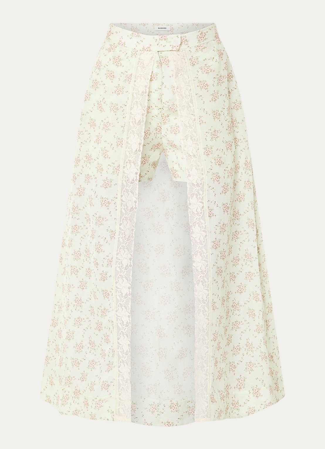 Sandro Mini broekrok in linnenblend met bloemenprint - voorkant lichtgroen