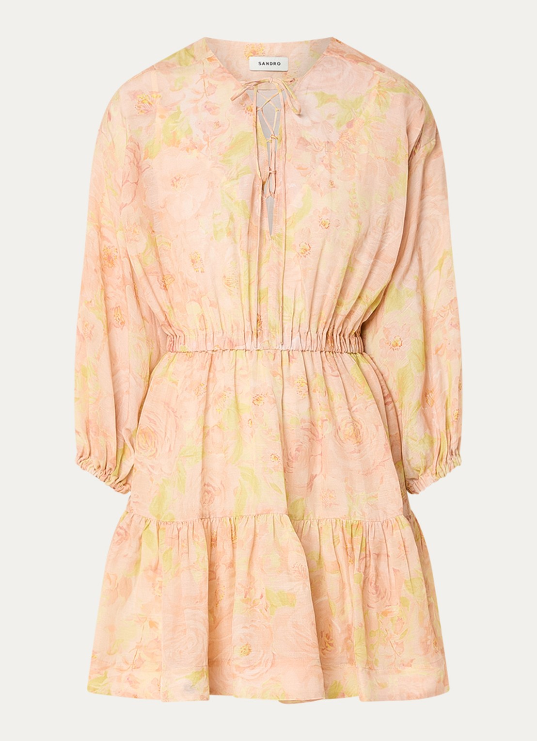 Sandro Mini jurk in linnenblend met print en ballonmouw - voorkant 2 zalmroze