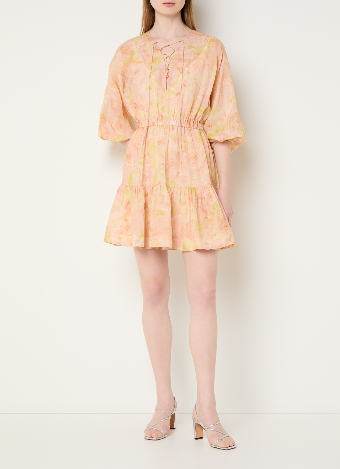 Sandro Mini jurk in linnenblend met print en ballonmouw - voorkant 3 zalmroze