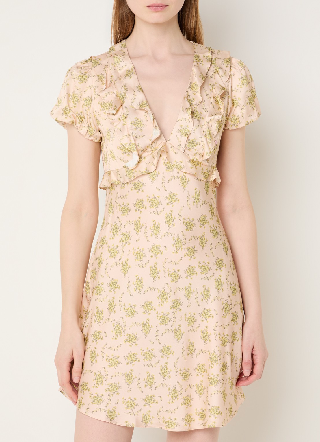 Sandro Mini jurk met bloemenprint en ruches - detail lichtroze