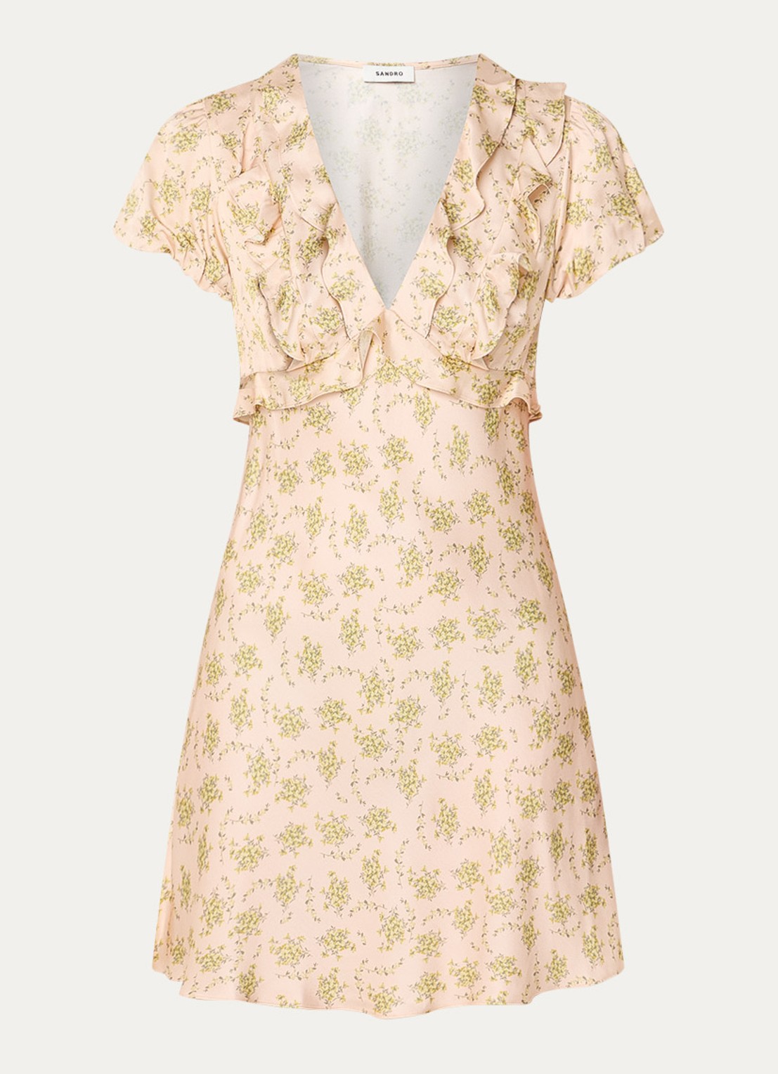 Sandro Mini jurk met bloemenprint en ruches - voorkant 3 lichtroze