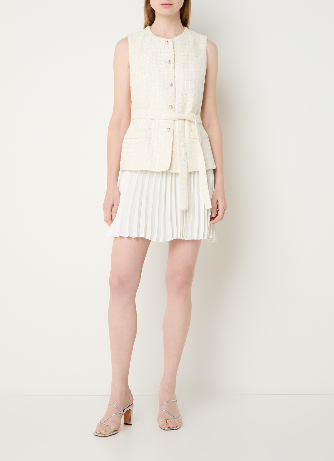 Sandro Mini jurk met pailletten en ceintuur - voorkant 3 creme