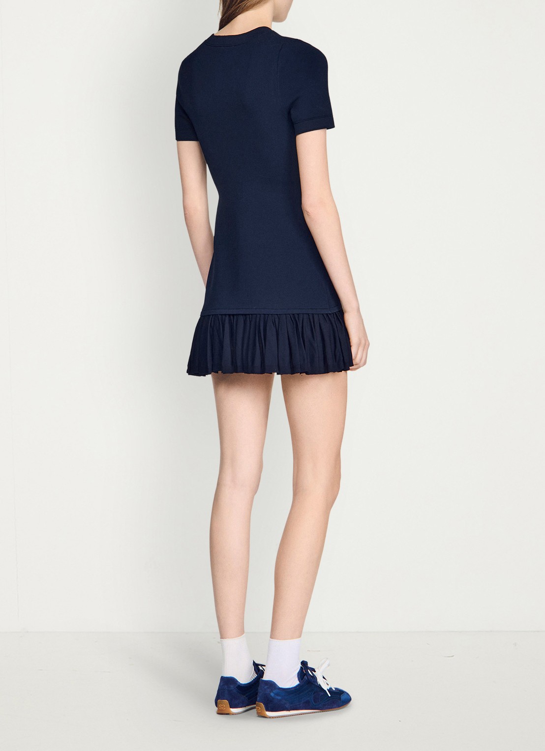 Sandro Mini jurk met ronde hals en ruches - achterkant 3 donkerblauw