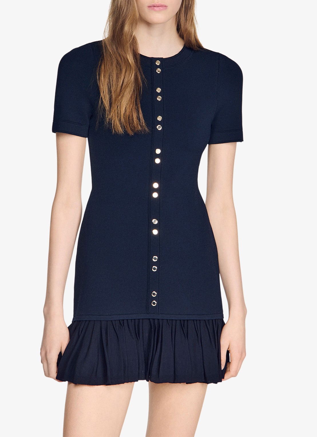 Sandro Mini jurk met ronde hals en ruches - detail 4 donkerblauw