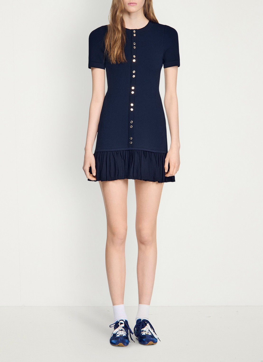 Sandro Mini jurk met ronde hals en ruches - detail 6 donkerblauw