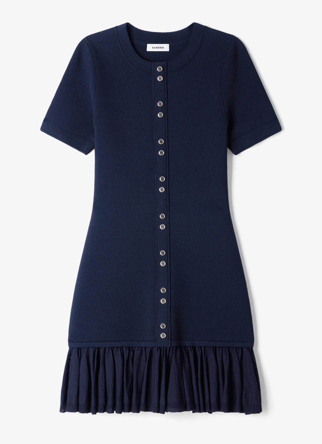 Sandro Mini jurk met ronde hals en ruches - voorkant donkerblauw