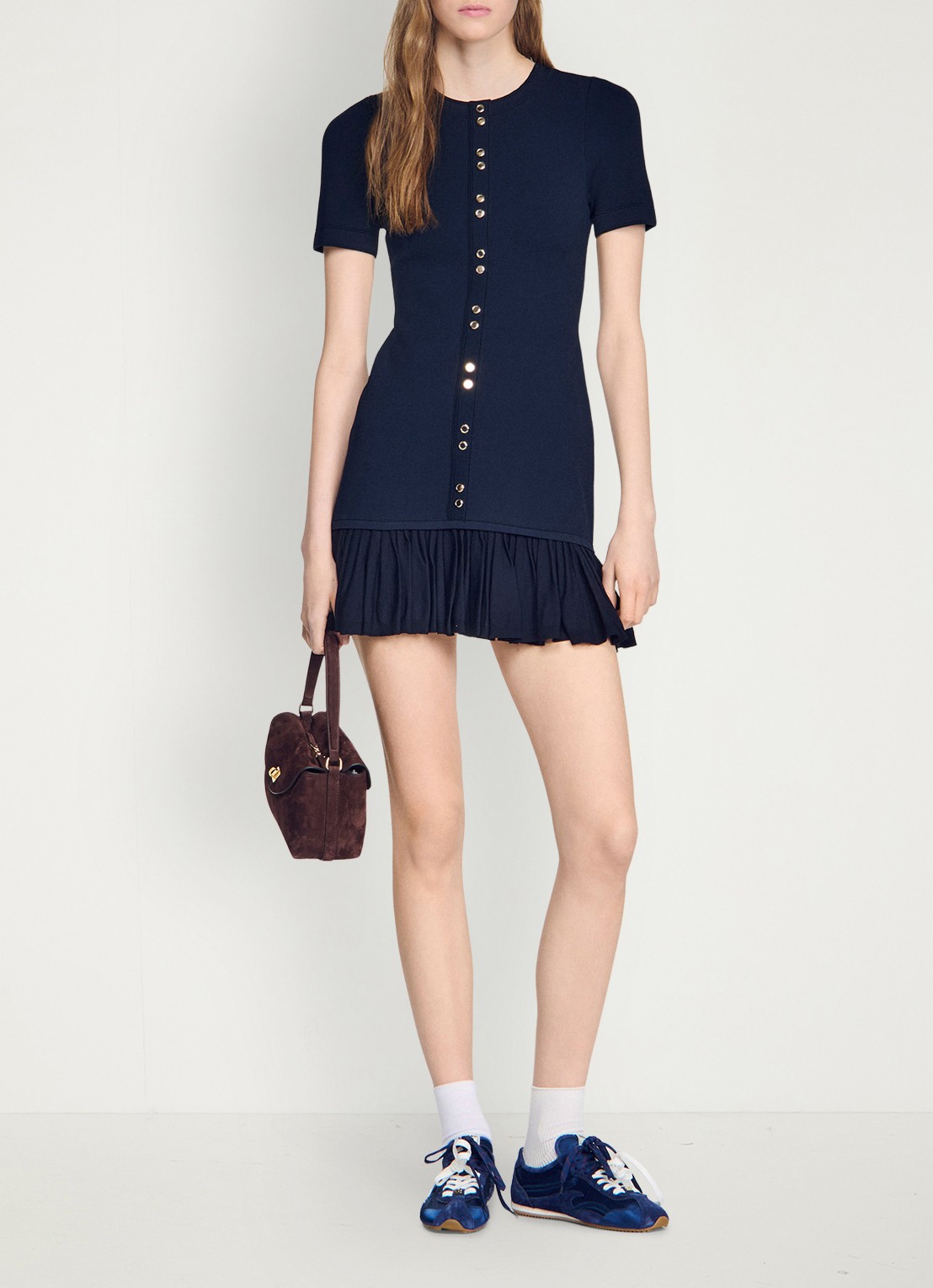 Sandro Mini jurk met ronde hals en ruches - voorkant 2 donkerblauw