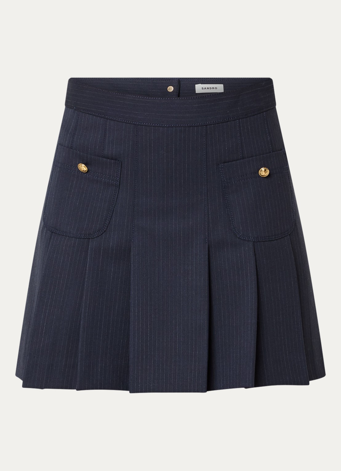 Sandro Mini plooirok in wolblend met streepprint - voorkant donkerblauw