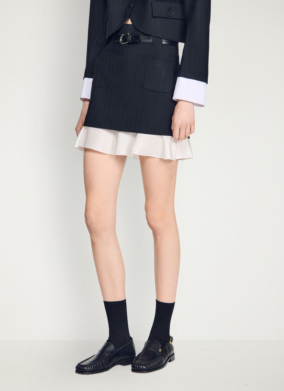 Sandro Mini rok met krijtstreep en riem - detail 2 zwart