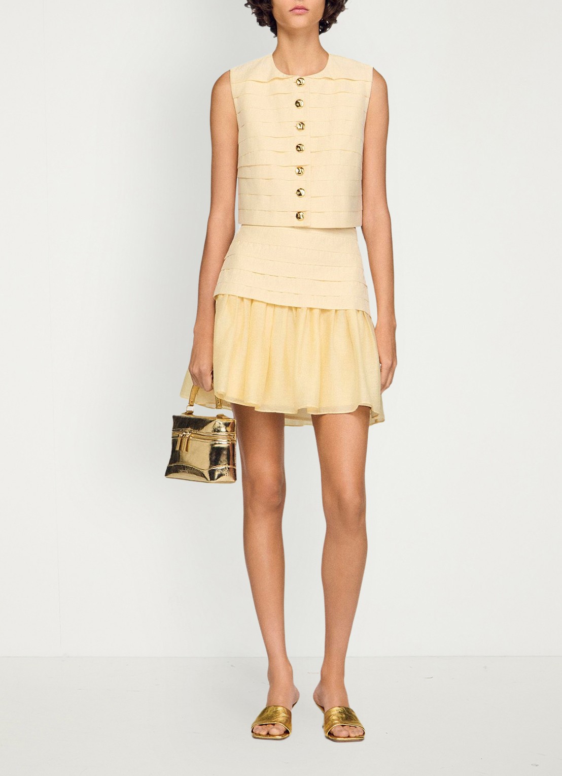 Sandro Mini rok met plooien - voorkant 7 vanilla / geel