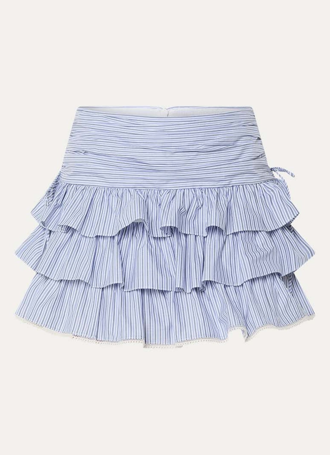 Sandro Mini rok met streepprint en ruches - voorkant blauw