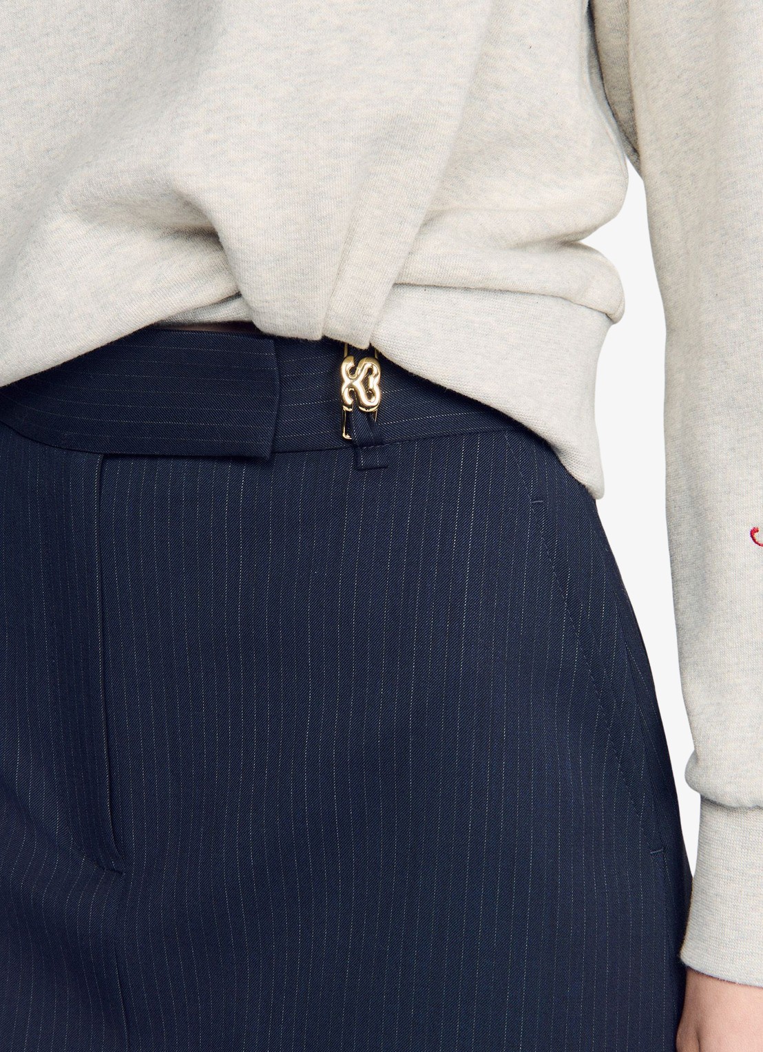 Sandro Minirok in wolblend met krijtstreep - detail 5 donkerblauw