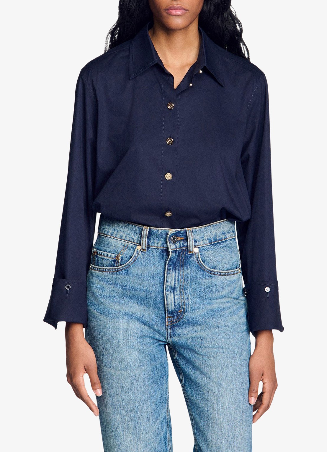 Sandro Oversized blouse met stretch - detail donkerblauw