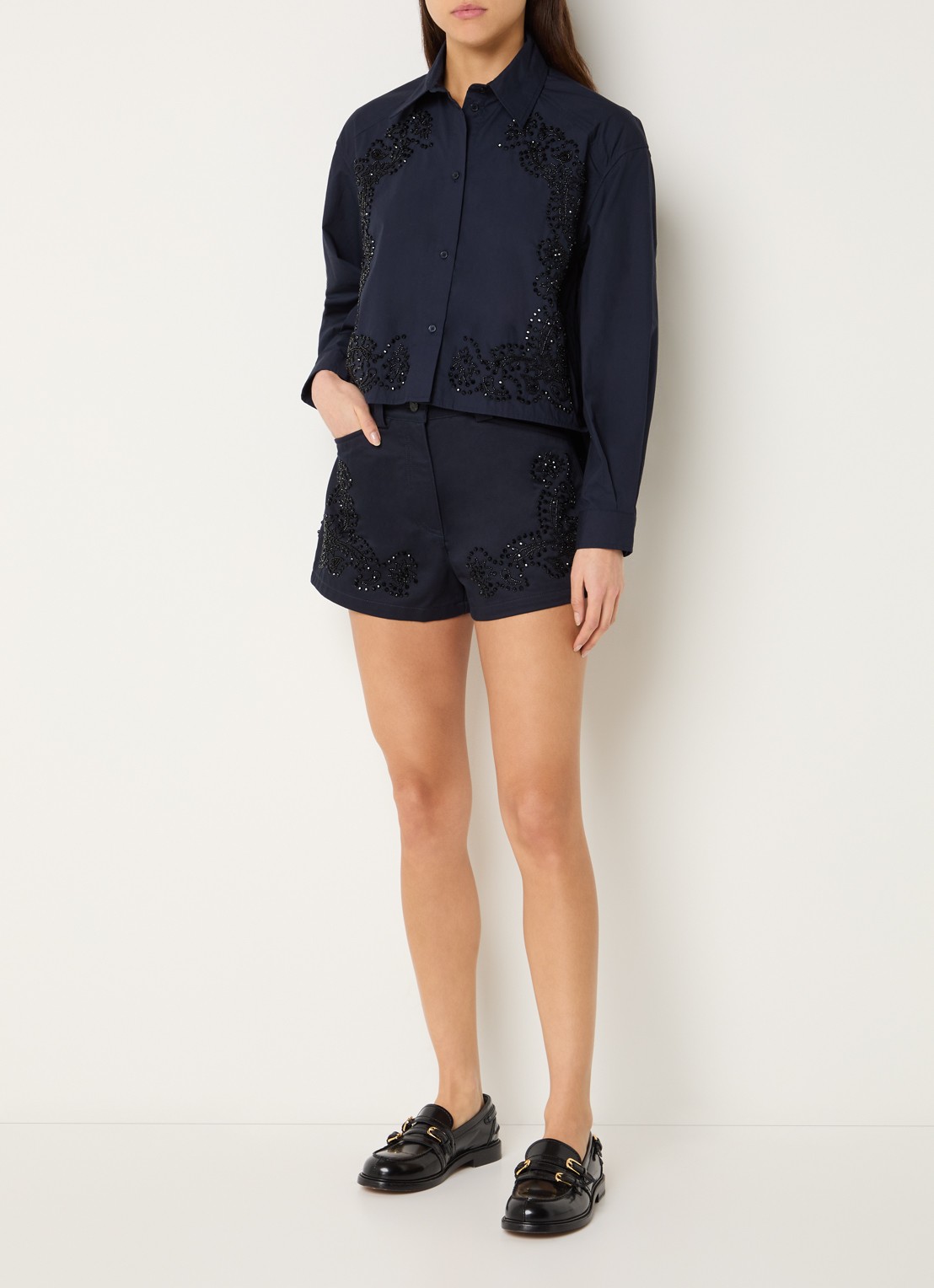 Sandro Oversized cropped blouse met strass - voorkant 2 donkerblauw