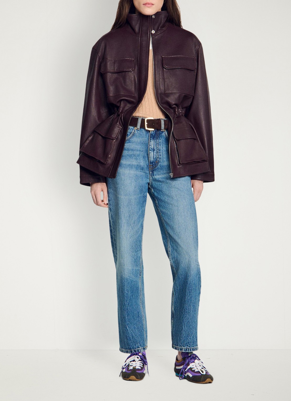 Sandro Oversized jack van lamsleer met opstaande kraag - voorkant 6 bordeauxrood