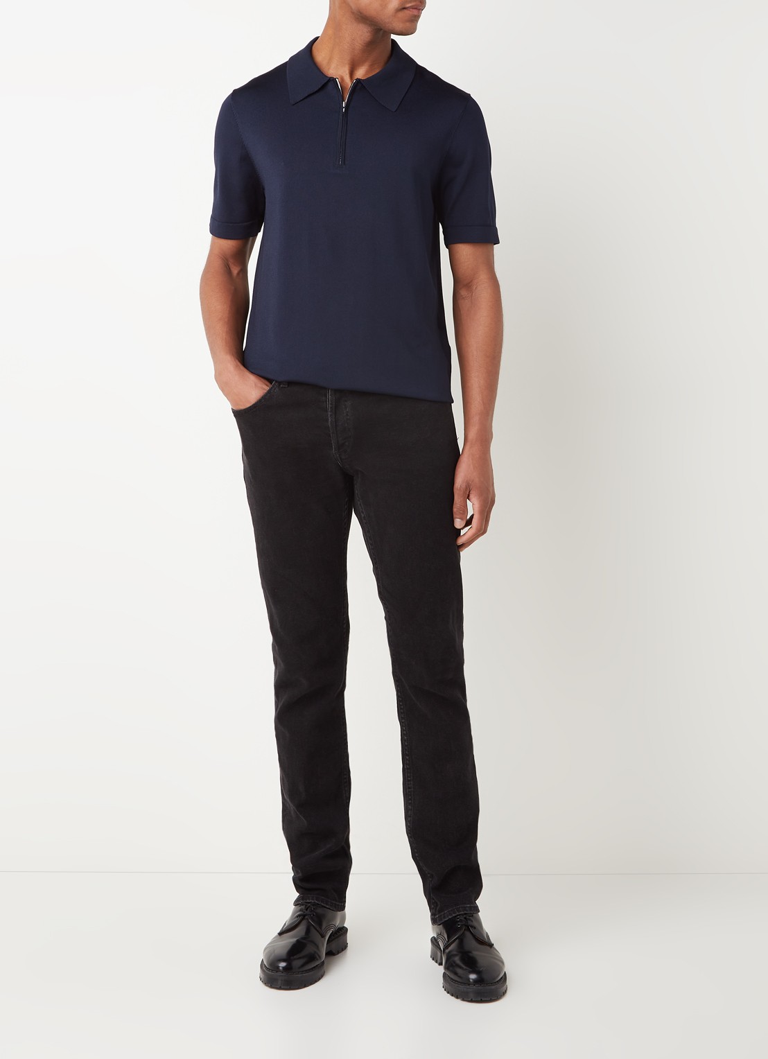 Sandro Pablo regular fit polo met halve rits  - voorkant 4 donkerblauw