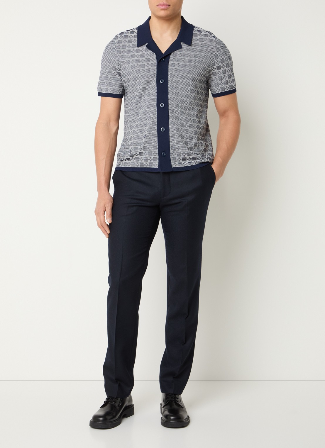 Sandro Regular fit fijngebreid overhemd met structuur - voorkant 2 donkerblauw