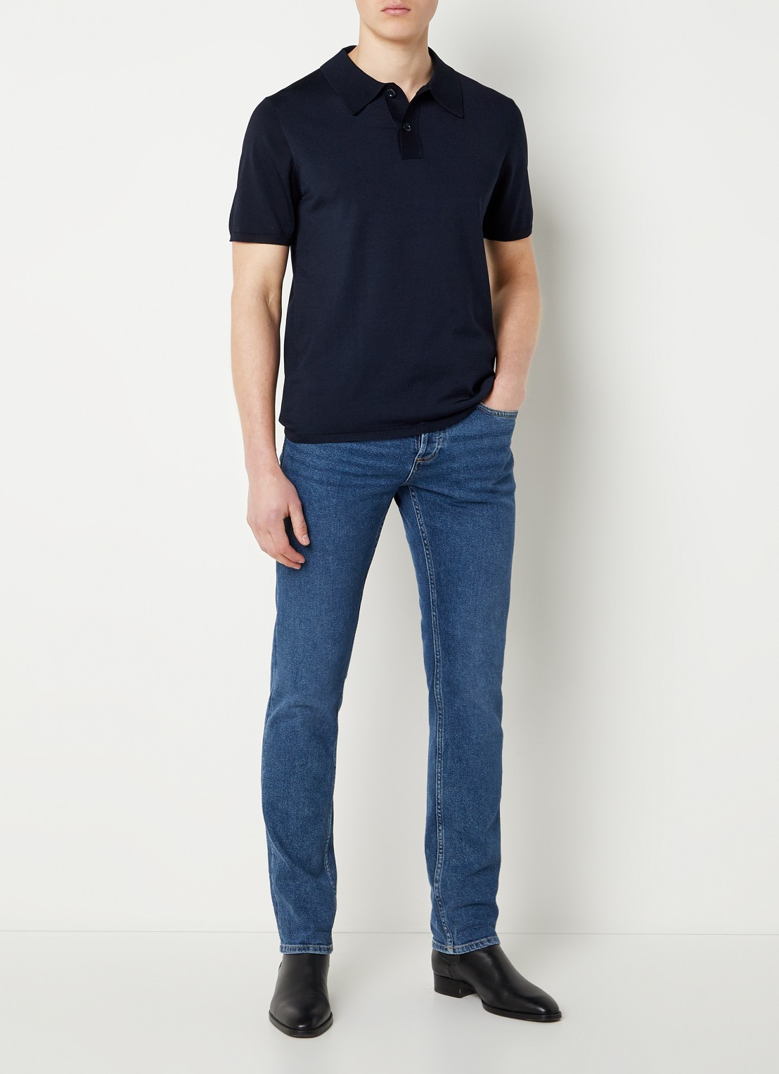 Sandro Regular fit fijngebreide polo met stretch  - voorkant 2 donkerblauw