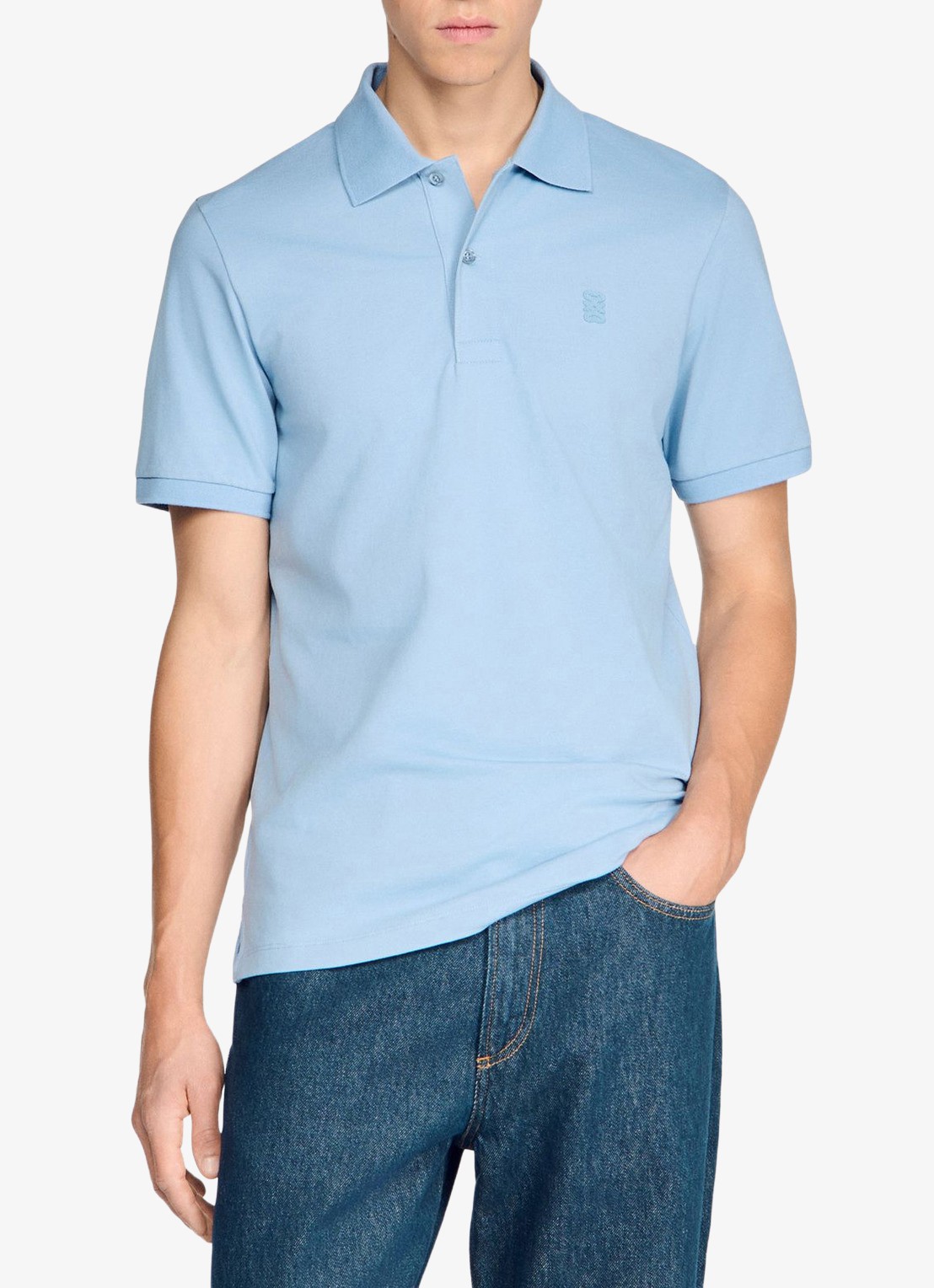 Sandro Regular fit polo met logoborduring - detail lichtblauw
