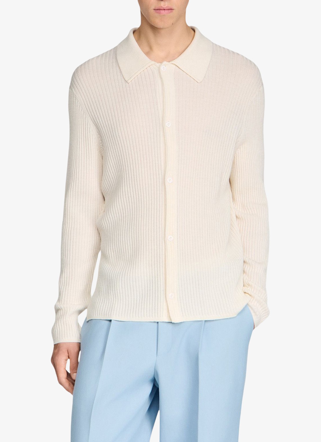 Sandro Ribgebreid vest in wolblend met V-hals - detail ecru / wit
