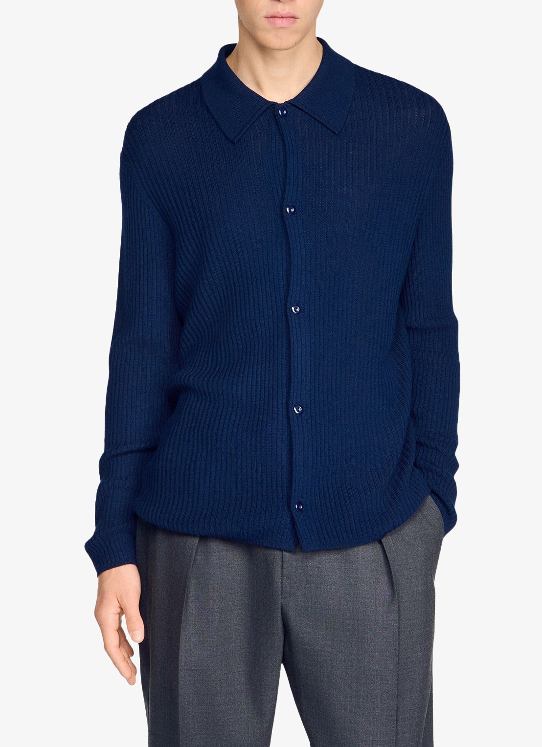 Sandro Ribgebreid vest in wolblend met V-hals - detail 4 royal blue / blauw