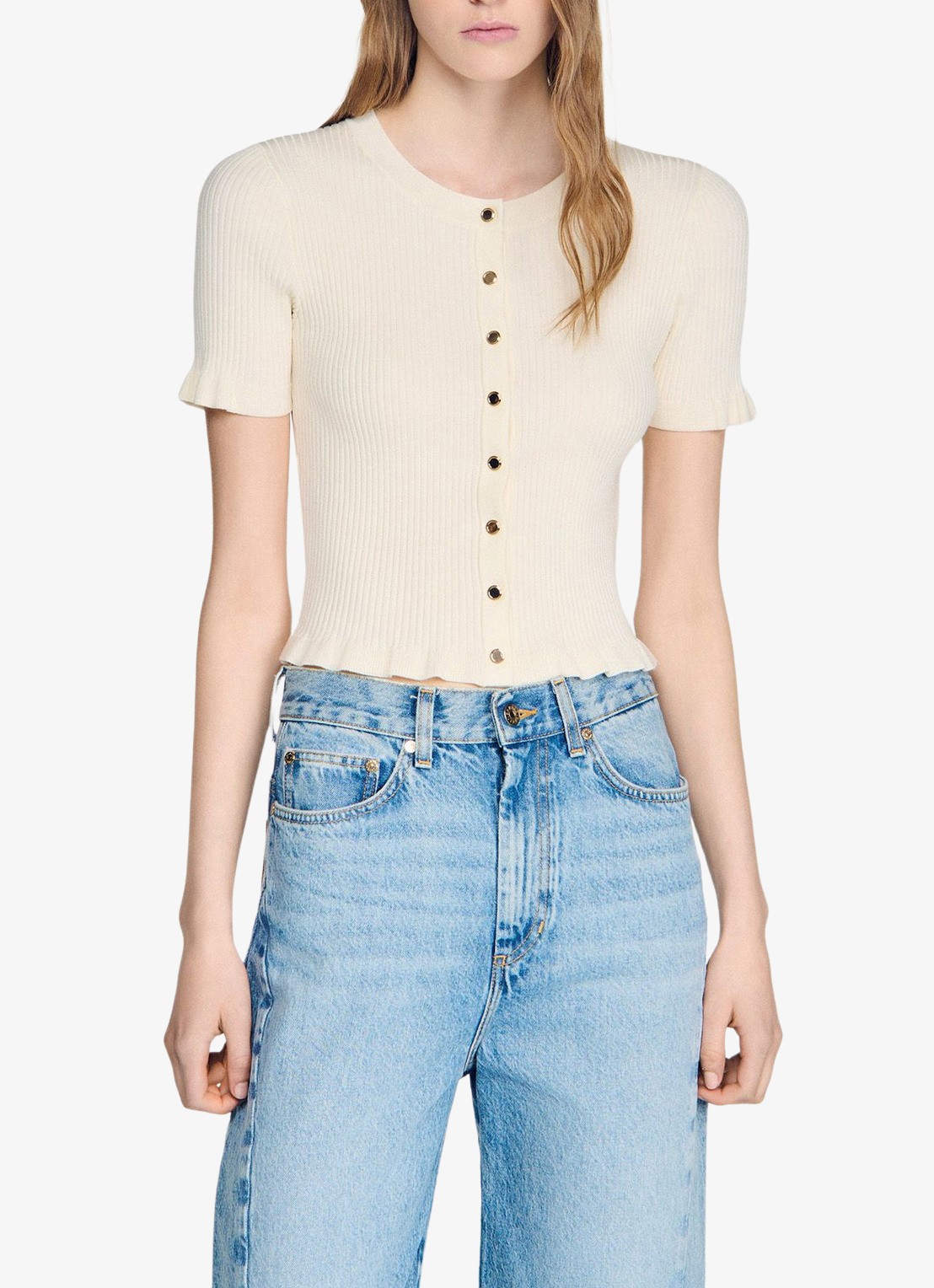 Sandro Ribgebreid vest met volants - detail 3 beige