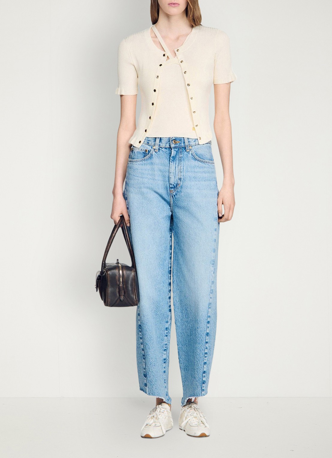 Sandro Ribgebreid vest met volants - detail 6 beige