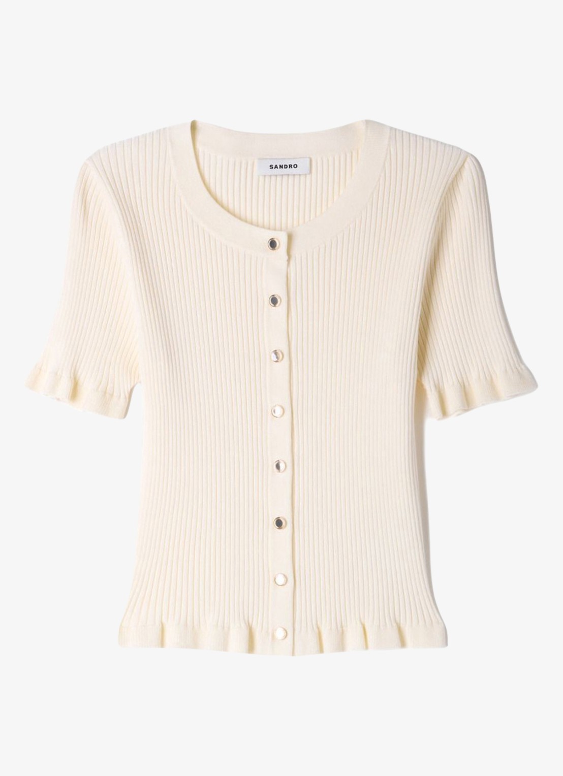 Sandro Ribgebreid vest met volants - voorkant beige