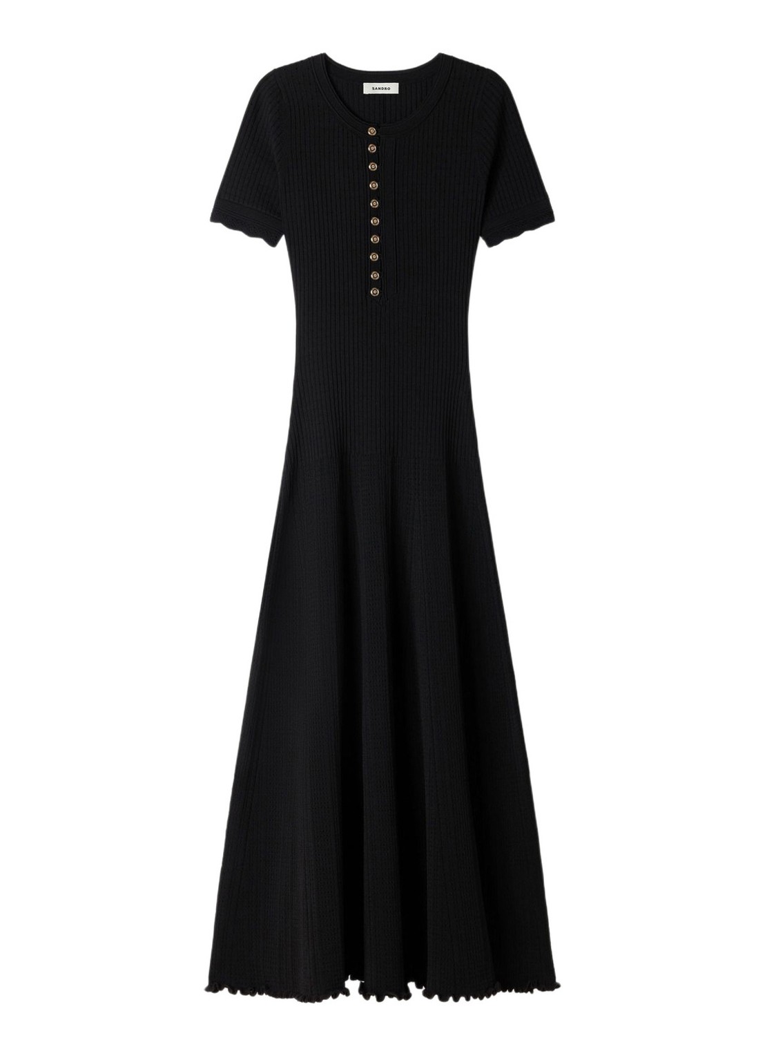 Sandro Ribgebreide maxi jurk met knoopdetail - voorkant 4 zwart
