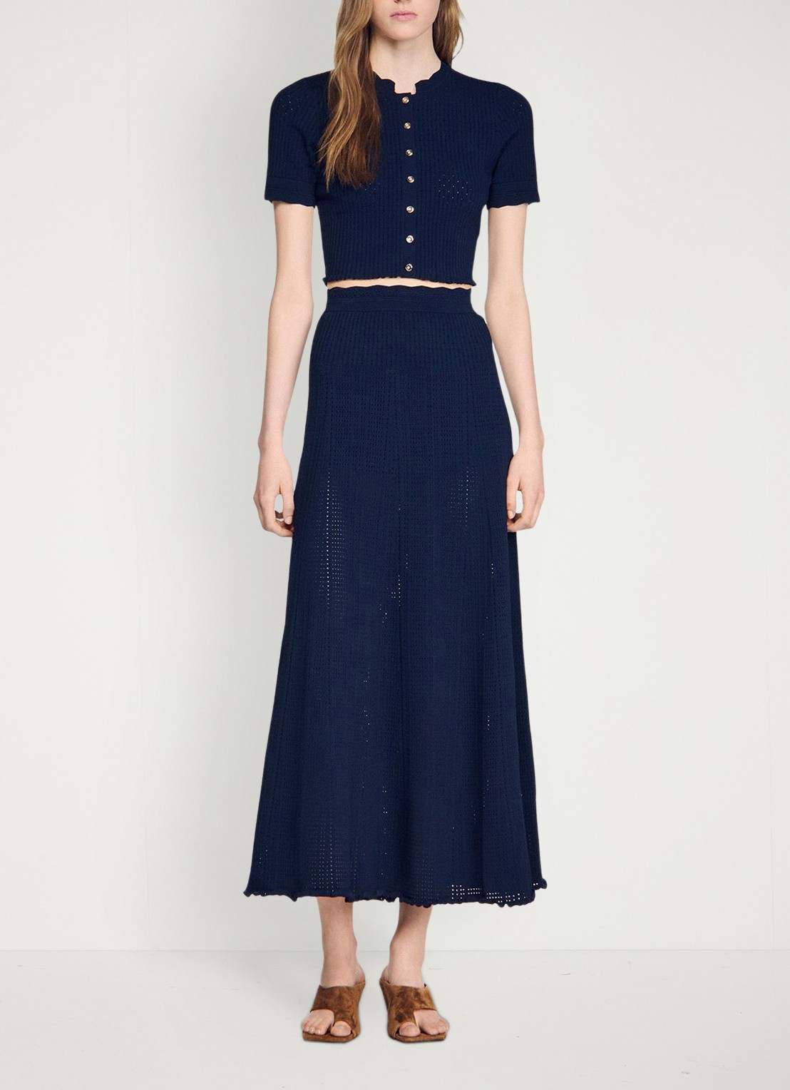 Sandro Ribgebreide maxi rok met opengewerkt dessin - detail 4 donkerblauw