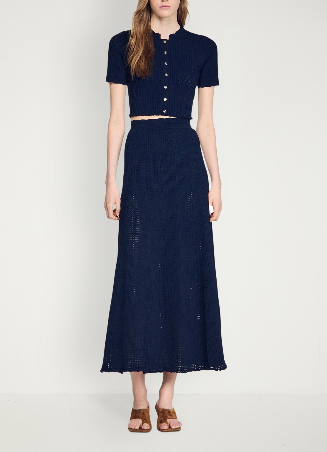 Sandro Ribgebreide maxi rok met opengewerkt dessin - voorkant 2 donkerblauw