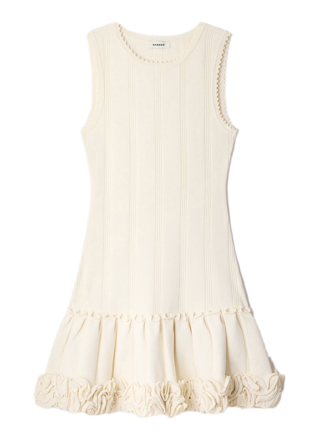 Sandro Ribgebreide mini jurk met plooien - voorkant creme
