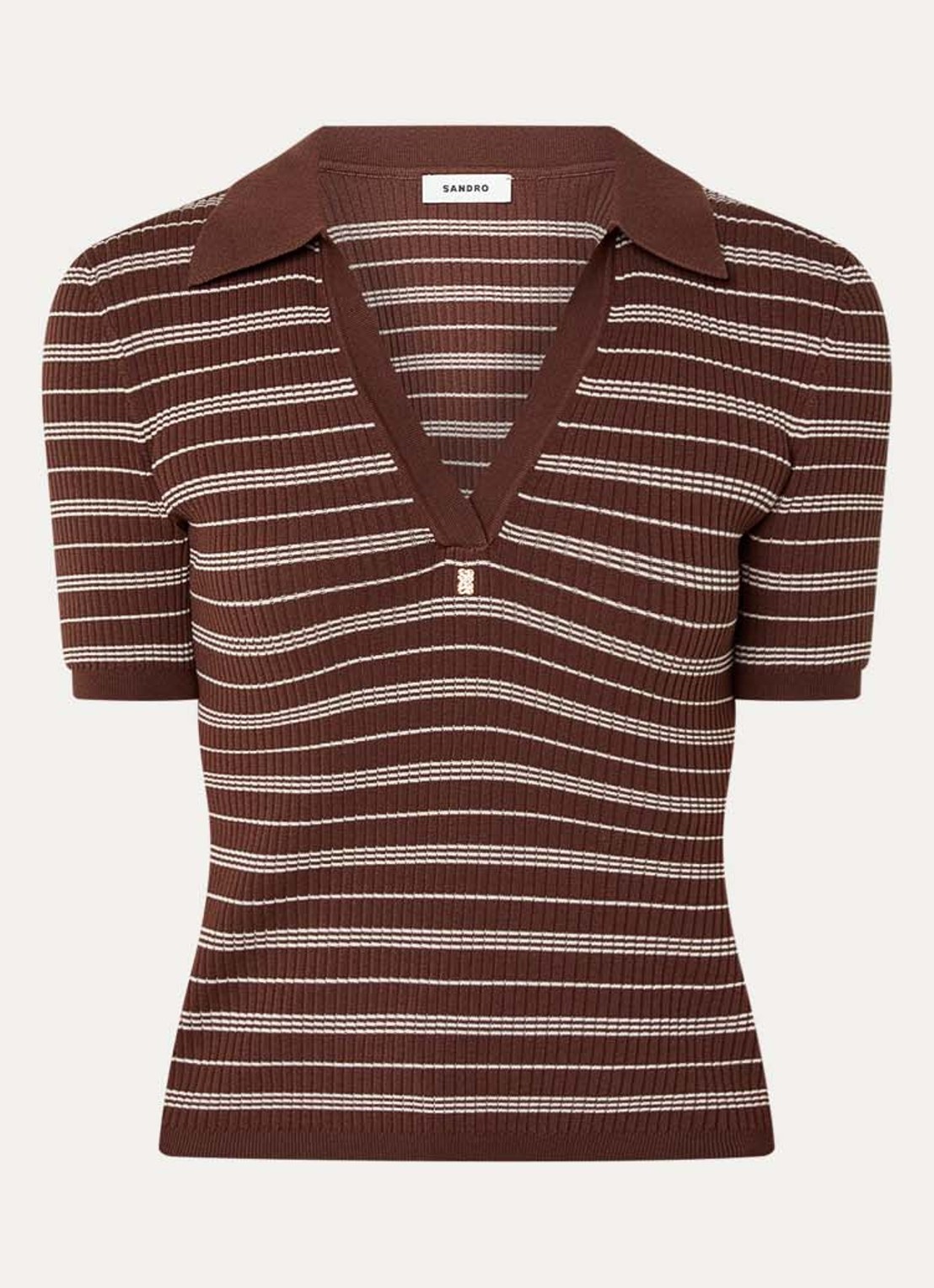 Sandro Ribgebreide polo met streepprint - voorkant 3 bruin