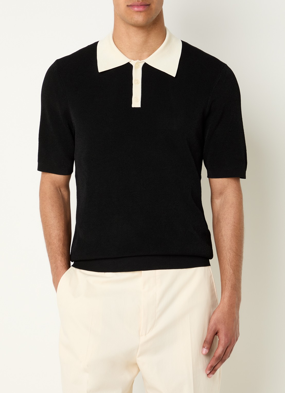 Sandro Ribgebreide slim fit polo - detail 4 zwart
