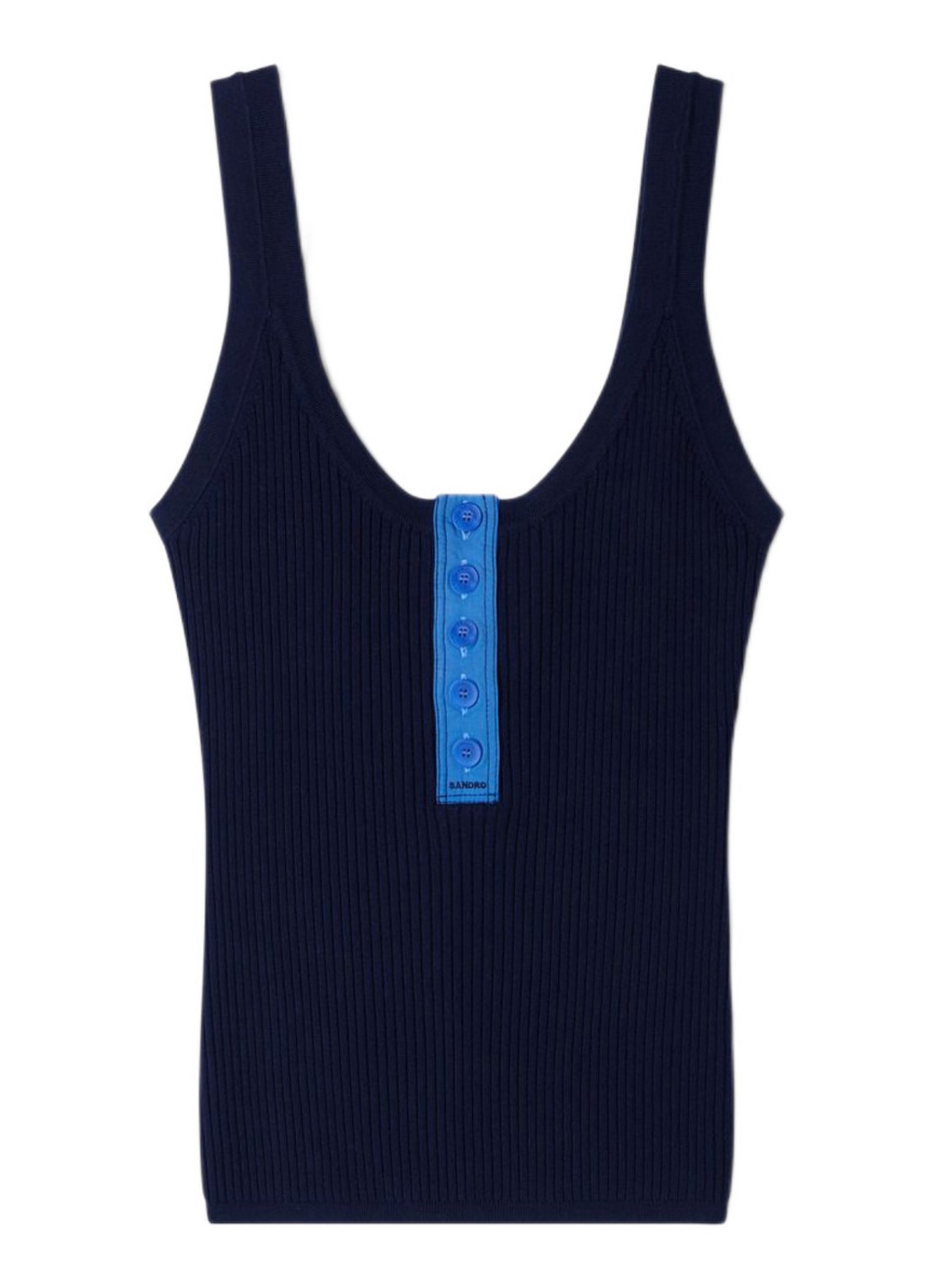 Sandro Ribgebreide tanktop in zijdeblend met knoopdetail - voorkant 5 donkerblauw