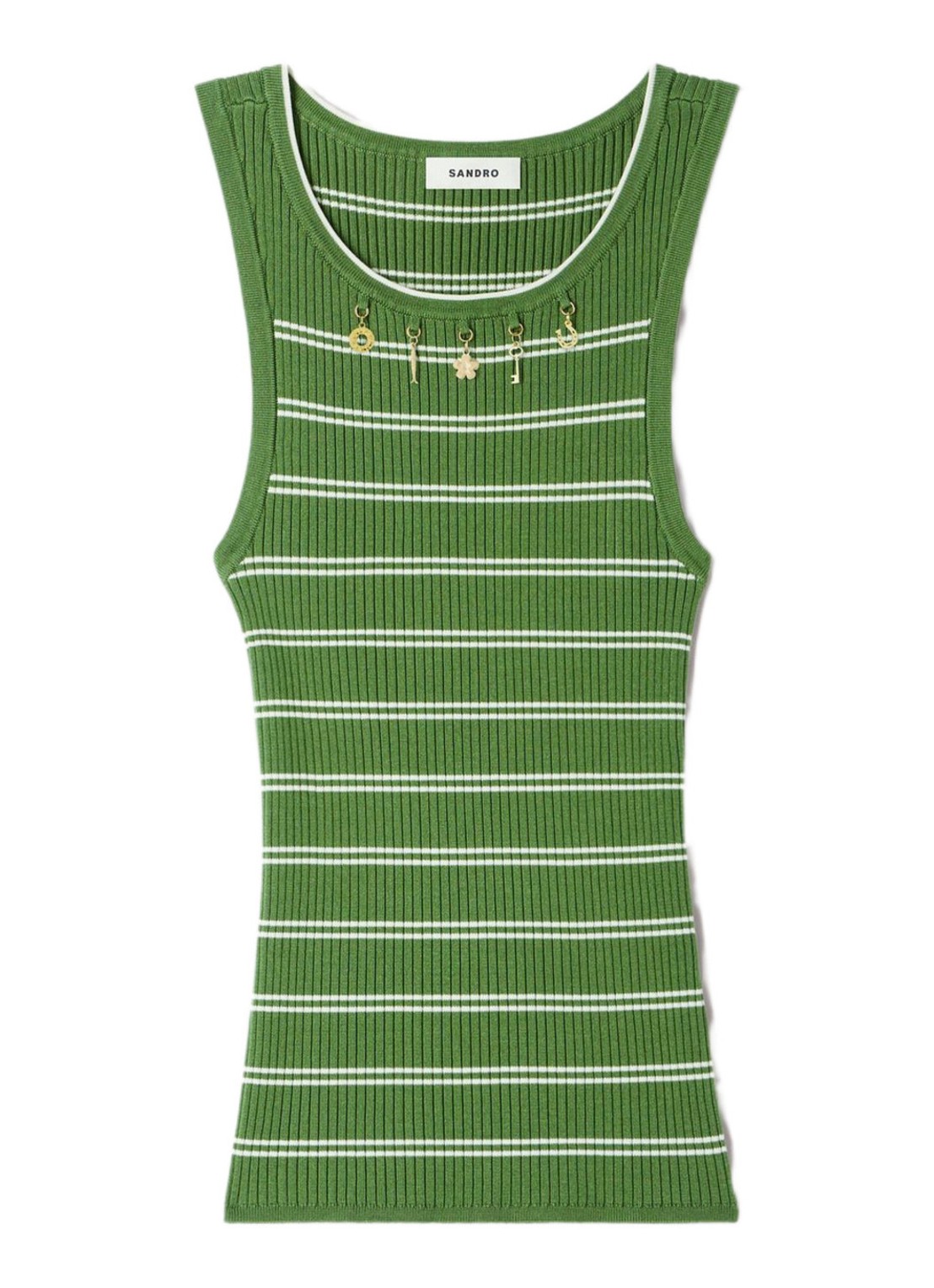 Sandro Ribgebreide tanktop in zijdeblend met streepprint en decoratie - voorkant groen