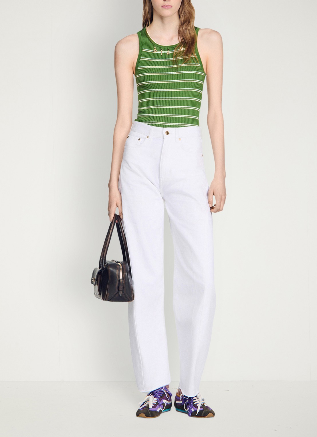 Sandro Ribgebreide tanktop in zijdeblend met streepprint en decoratie - voorkant 2 groen