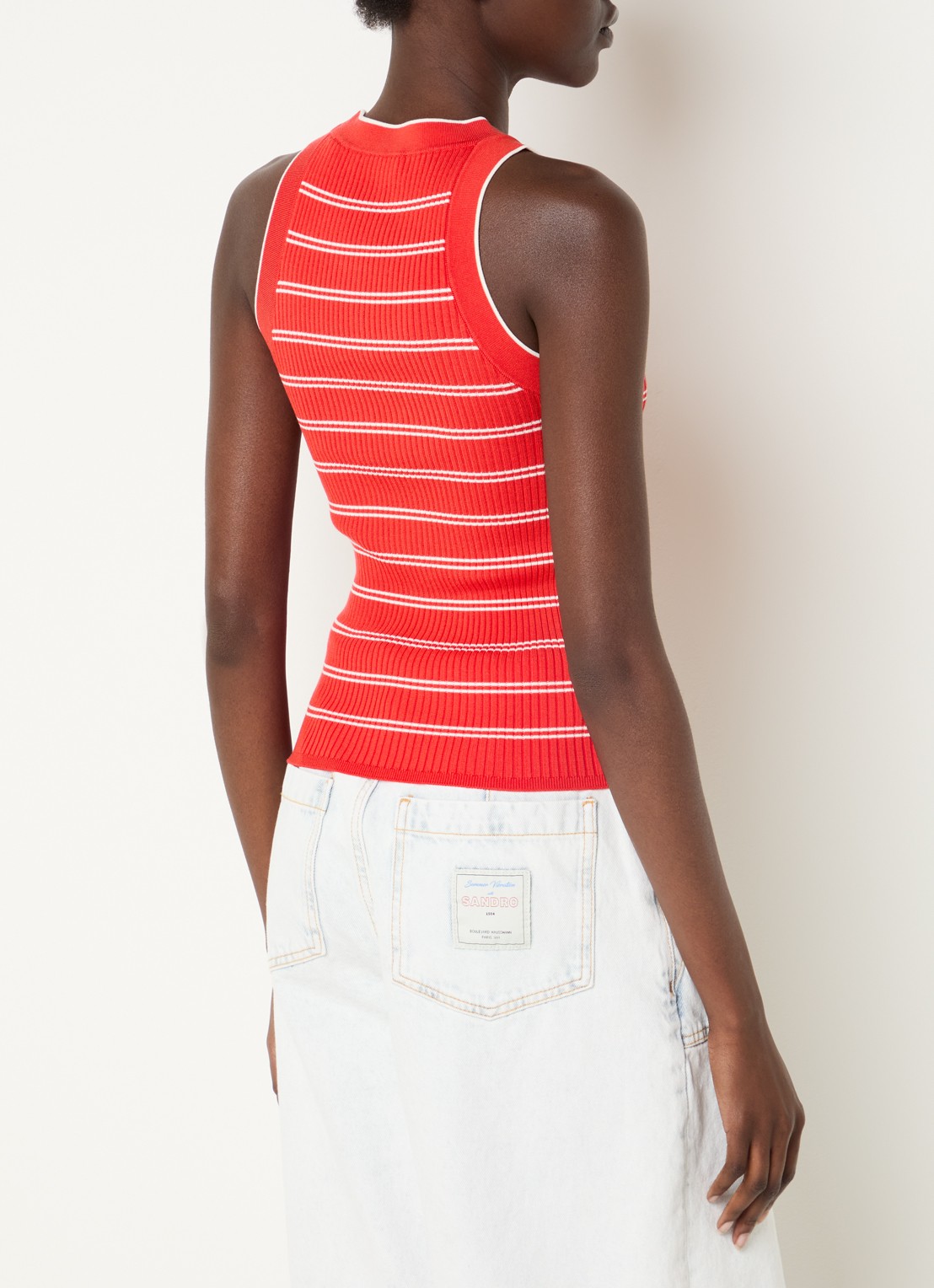 Sandro Ribgebreide tanktop  met streepprint - achterkant rood