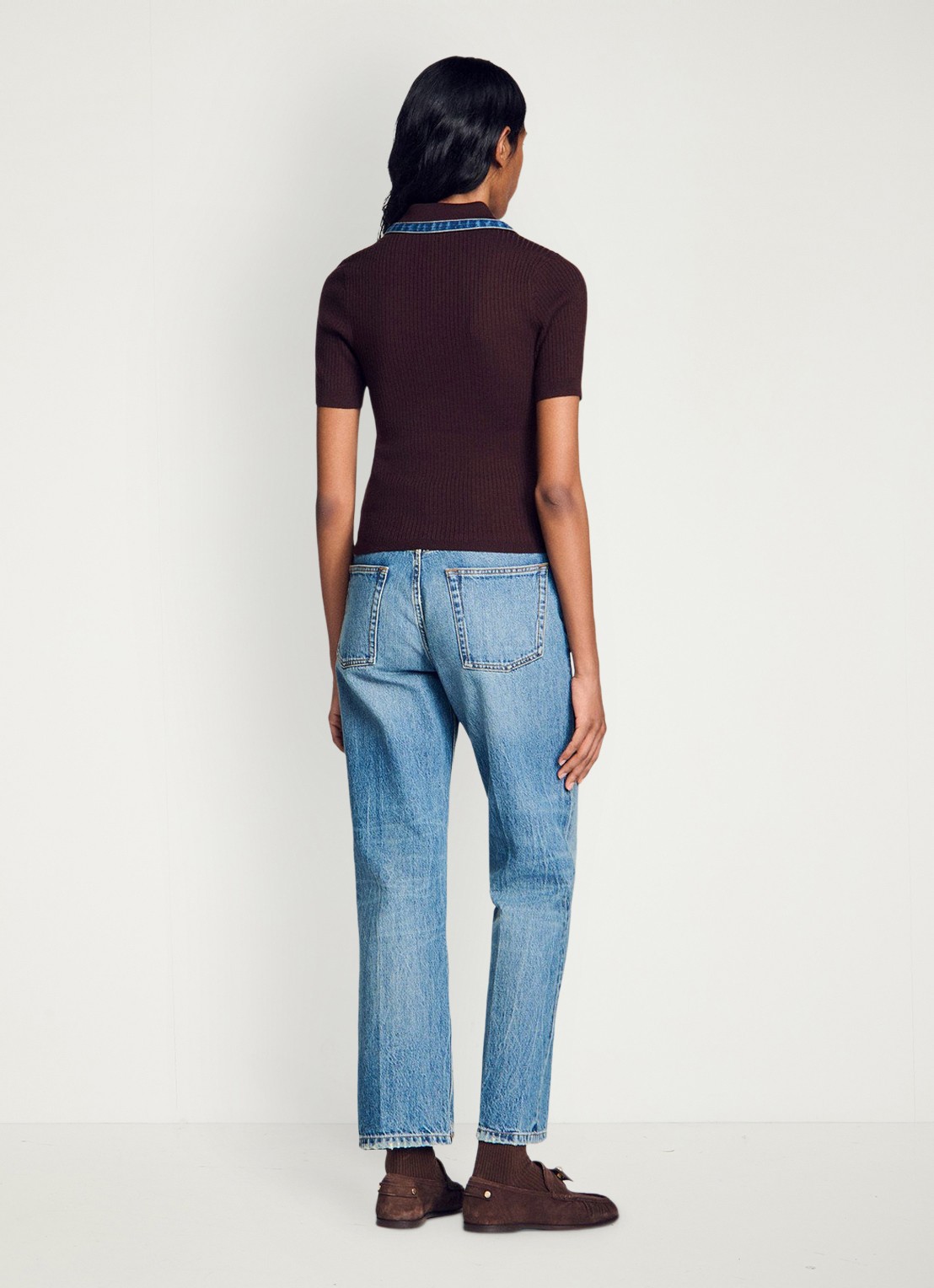 Sandro Ribgebreide top in wolblend met details van denim - achterkant 6 bruin