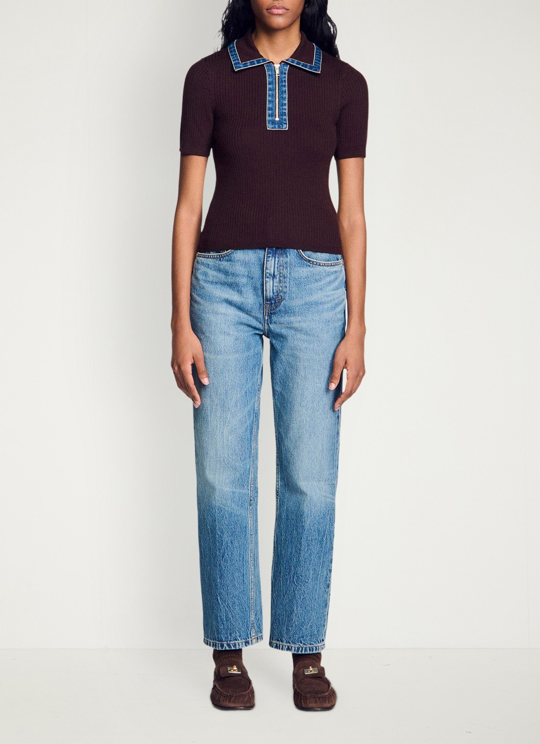 Sandro Ribgebreide top in wolblend met details van denim - detail 4 bruin
